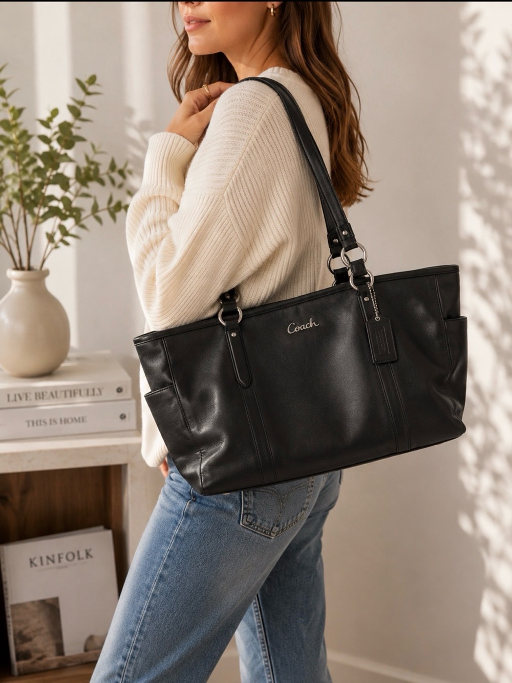 Coach Black Leather East West Zip Tote Silver Hardware